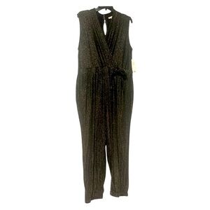52seven Womens Jumpsuit Surplice Tie Waist Sleeveless Metallic Black Gold 2X NWT